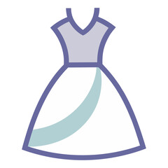 A clean and minimalist outline icon depicts a dress with a V-neck bodice in light purple and a flowing skirt with a diagonal light blue accent. The overall design is simple and stylized.