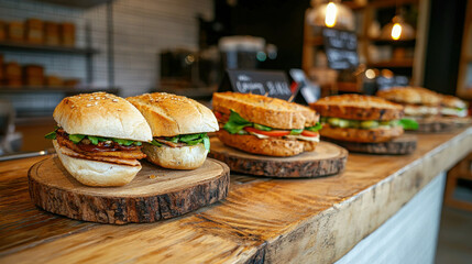 Freshly Made Sandwiches on Wooden Serving Boards in a Cozy Cafe with Warm Lighting and Inviting Atmosphere for Culinary Experience