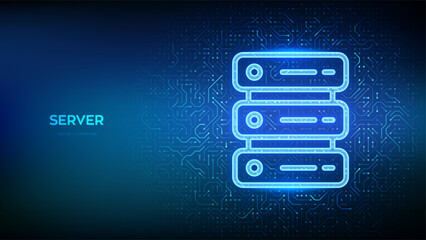Server icon. Computer server and data storage background. Server hosting. Database storage. Data center. Circuit board pattern. PCB printed circuit texture. Vector illustration.