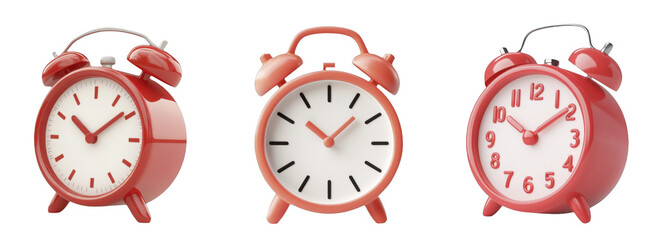 Collection of three red alarm clocks on a transparent background, PNG image, PNG file.