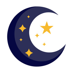 
A whimsical illustration depicts a dark blue crescent moon with a white inner curve, accompanied by several twinkling yellow stars of varying sizes. The image evokes a sense of nighttime, dreams, 