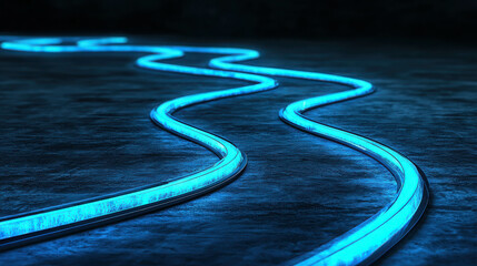 Glowing Blue Neon Lines on Dark Surface Creating a Futuristic Abstract Background for Technology and Design Concepts