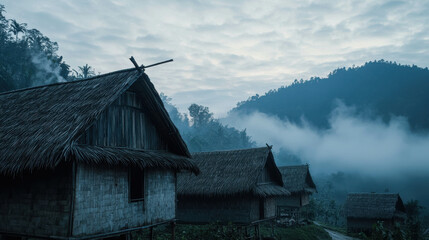 Serene Village Landscape at Dawn with Fog and Mountains in Background, Traditional Thatched Roof Houses and Lush Greenery Under Soft Blue Sky
