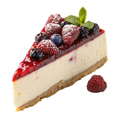 Delicious Berry Cheesecake Slice with Powdered Sugar and Mint Isolated on Transparent Background