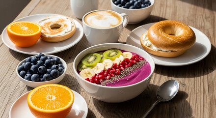 Fresh colorful fruit bowl with oranges blueberries and kiwis perfect for healthy breakfast