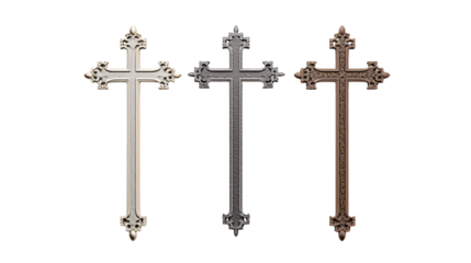 Three ornate crosses in different metallic colors on transparent background