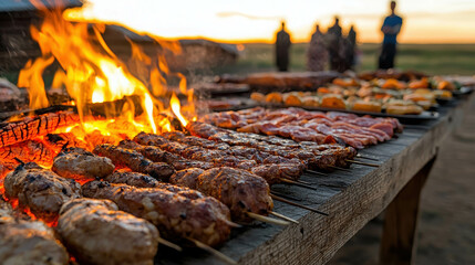 Grilled Meat on Skewers and Assorted Dishes on a Wooden Table During a Sunset Gathering with People in the Background, Outdoor Barbecue Celebration