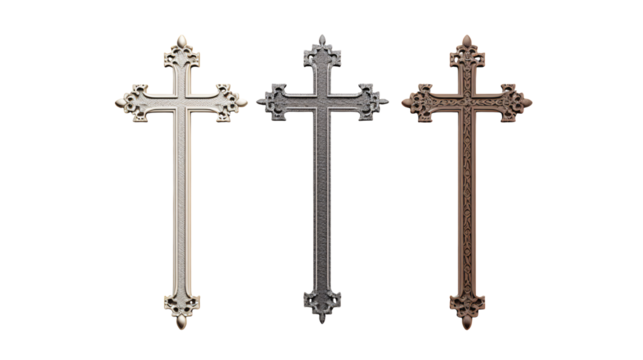 Three ornate crosses in different metallic colors on transparent background