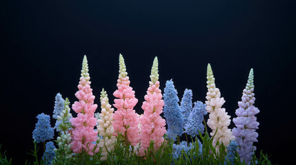 Delicate and Colorful Floral Arrangement of Lupines and Hyacinths on a Dark Background with Soft Lighting and Lush Greenery Highlighting Their Beauty