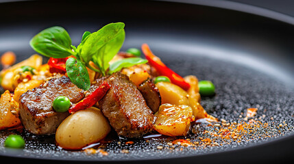 Gourmet Grilled Beef Steak with Vegetables on Elegant Plate Decorated with Fresh Herbs and Spices in Understated Restaurant Setting
