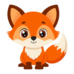 Obraz premium A cute, friendly cartoon baby fox with bright orange fur, big eyes, and a bushy tail, sitting and looking forward.
