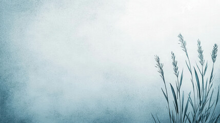 Serene and Tranquil Background Featuring Delicate Grass Silhouettes Against a Soft Blue Gradient with Light Textures and Atmospheric Feel