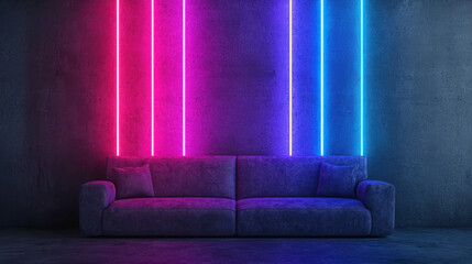 Modern Sofa Against Concrete Wall with Neon Lights in Pink and Blue, Ideal for Stylish Home Decor and Interior Design Projects