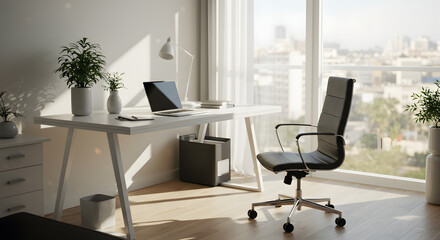 Fototapeta premium Modern Home Office Design Sunlight, Minimalist Desk Setup, and Ergonomic Chair