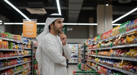 Middle Eastern Man Shopping Thoughtfully in Supermarket Aisle
