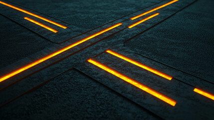Abstract close-up view of a textured dark surface with glowing orange lines forming a cross pattern, creating a futuristic visual impression