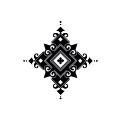 Ornate black geometric design with intricate swirls and diamond shapes, creating symmetrical pattern. elegant motif is suitable for decorative purposes, adding touch of sophistication