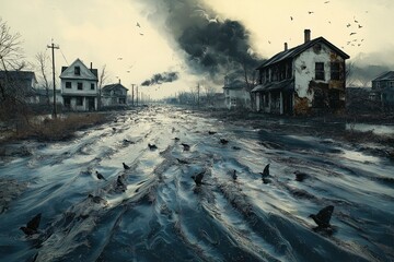 Abandoned Urban Landscape. Post-Apocalyptic Desolation with Eerie Atmosphere and Gloomy Reflections - Stock Photo