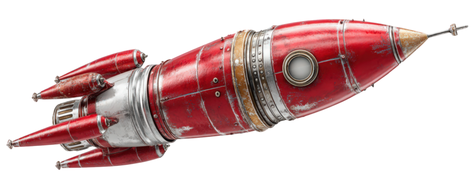 Vintage rocket design with shiny red exterior and metallic accents, showcasing retro futuristic style. This isolated object evokes sense of adventure and exploration - Powered by Adobe