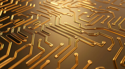Abstract close-up of a detailed golden circuit board design featuring intricate patterns and lines, representing technology and innovation concepts for backgrounds