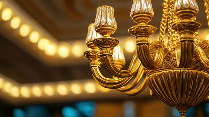 Elegant Gold Chandelier with Warm Light in an Opulent Interior Setting, Creating a Sense of Luxury and Sophistication for Stunning Home Decor Inspiration
