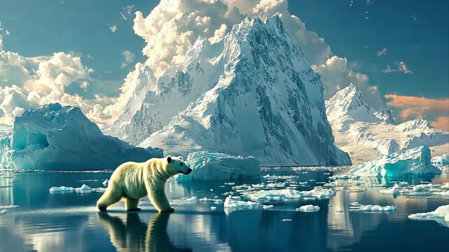 Polar bear navigating icy waters with majestic glaciers, a captivating visual of arctic wilderness and resilience of wildlife in a frigid environment