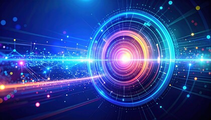 Obraz premium Abstract Technology Background featuring vibrant swirling neon lights and dynamic data streams, ideal for futuristic designs and digital presentations.