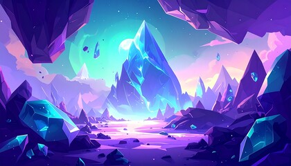 ファンタジーの風景画、青いクリスタルの山