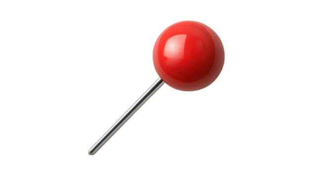 Bright Red Push Pin with Sharp Metal Point Isolated on White Background