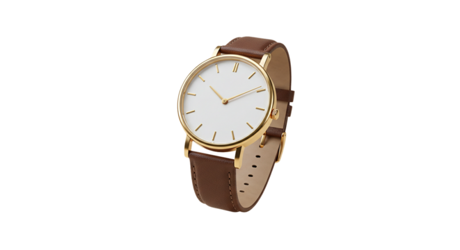 minimalist floating highly product shot of a classic analog wristwatch with a round white dial, slim golden bezel