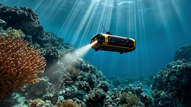 Underwater Exploration Vehicle Illuminating Vibrant Coral Reef in Deep Ocean Waters with Sunlight Rays