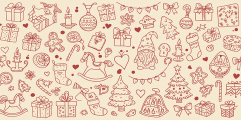 Seamless vector pattern with contemporary minimalist line art christmas holidays elements. Hand drawn candles, decorations, gifts, drinks doodles on wide background