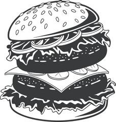A detailed black and white illustration of a classic, fully loaded burger
