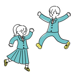 面白いポーズの高校生の男女　線画のゆるかわいいイラスト