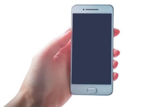 Hand holding smartphone isolated on a transparent background - Powered by Adobe