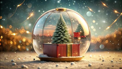 A Festive Winter Scene Encapsulated in a Glass Orb, Featuring a Miniature Christmas Tree Atop a Gift Box, with a Truck Delivering Trees in the Background, All Under a Sparkling, Snowy Sky