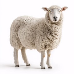 Fototapeta premium Fluffy White Sheep in Meadow. Rural Pasture Livestock and Wool Production