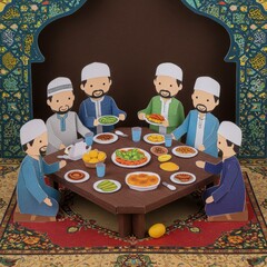 Iftar Gathering: Muslim Family Celebrating Ramadan with Paper Craft