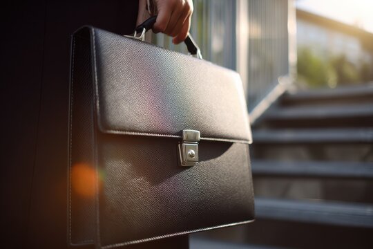 Professional Female Attorney Holding a Leather Briefcase in an Urban Setting