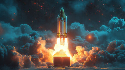Obraz premium Rocket soaring from a laptop symbolizing cutting-edge innovation in technology and space research