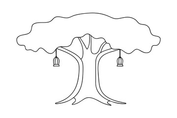 Line drawing of a large tree with two birdcages hanging
