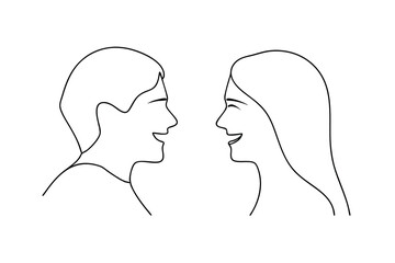 Happy couple line drawing profile faces smiling together