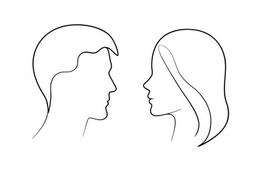 Minimalist line drawing of a man and woman facing each other