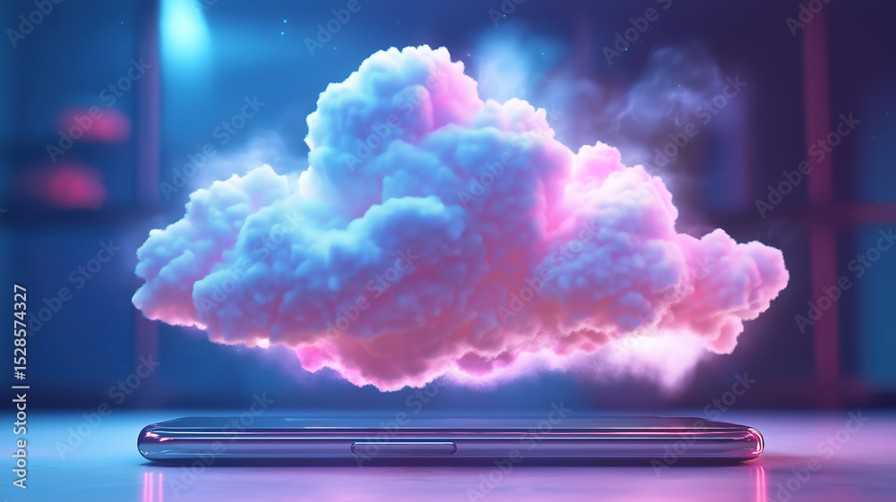 Poster digital cloud floating above smartphone showcasing the power of cloud computing for data storage