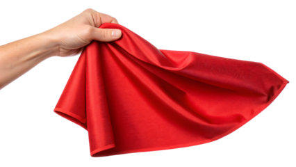 Hand holding a red fabric isolated on white 
