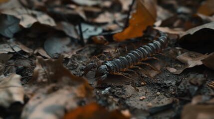 Fototapeta premium A centipede crawls across the forest floor covered in leaves