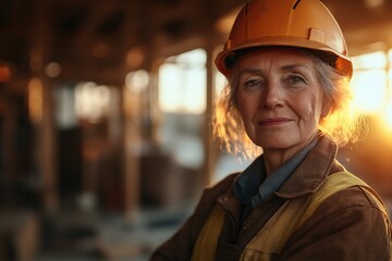 Confident Female Construction Worker in Hardhat at Sunset on Site - Embracing Safety and Professionalism