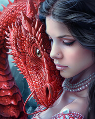 Woman Embracing Red Dragon – Close-Up Portrait with Pearls and Iridescent Scales in Magical Bond