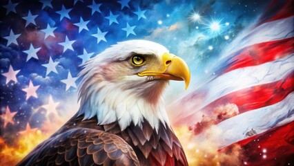Obraz premium Majestic Bald Eagle Soaring Against a Vibrant Starry Flag Background