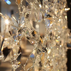 Close-up of shattered glass in a store sharp fragments reflecting light, capturing a moment of sudden impact and tension.